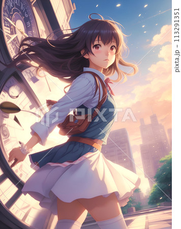 大きな時計がある女性のイラスト「AI生成画像」 113291351