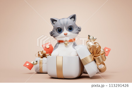 3D cartoon style cute cat and gift box, 3d rendering. 113291426