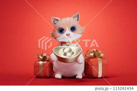 3D cartoon style cute cat and Chinese gold ingot, 3d rendering. 113291434
