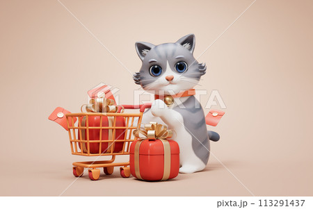 3D cartoon style cute cat and shopping cart, 3d rendering. 113291437
