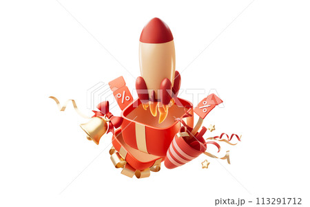 Opening gift box and rocket, 3d rendering. 113291712
