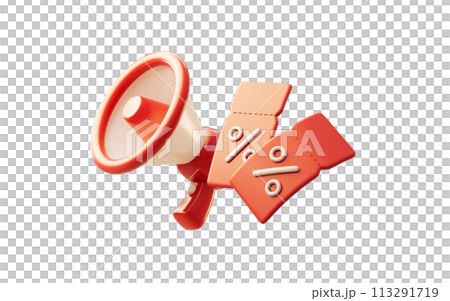 Loudspeaker and red discount coupon tickets, 3d rendering. 113291719
