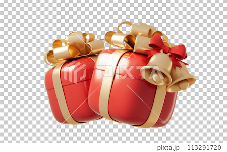Gift box and golden bells, 3d rendering. Gift box and golden bells, 3d rendering. 113291720