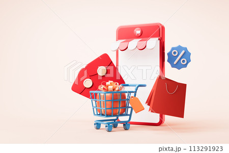 Online market store with cartoon style, 3d rendering. Online market store with cartoon style, 3d rendering. 113291923