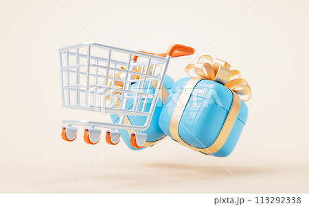 Cartoon shopping cart with shopping theme, 3d rendering. 113292338