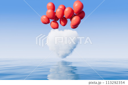 Heart shape soft cloud with water surface, 3d rendering. Heart shape soft cloud with water surface, 3d rendering. 113292354