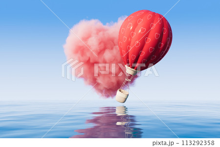 Heart shape soft cloud and hot air balloon, 3d rendering. 113292358