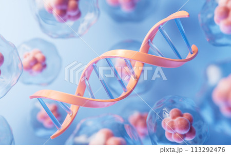 DNA biology structure and transparent cell, 3d rendering. 113292476