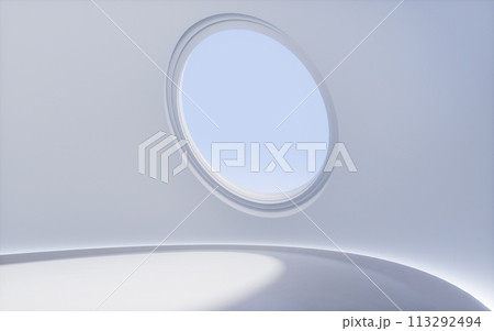 Empty room with round window, 3d rendering. Empty room with round window, 3d rendering. 113292494