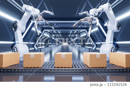 Packaging box and mechanical arm, 3d rendering. 113292526