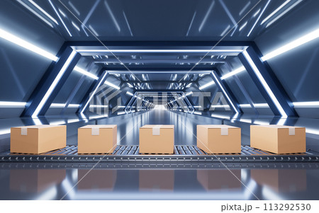 Packaging box and conveyor belt, 3d rendering. 113292530
