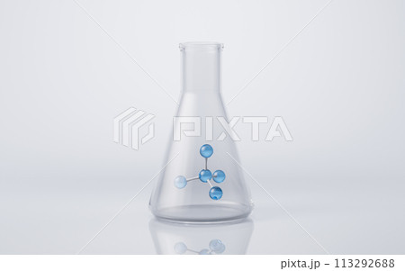 Chemical glassware and molecule, 3d rendering. 113292688