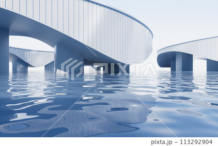 Water surface with white building background, 3d rendering. Water surface with white building background, 3d rendering. 113292904