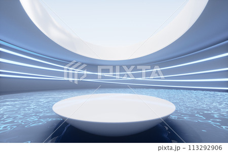 Water surface with white building background, 3d rendering. 113292906