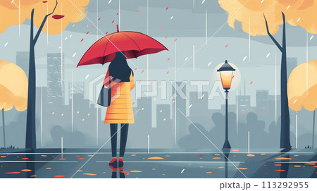 雨の日、雨降る街並みを歩く少女のイラスト 113292955