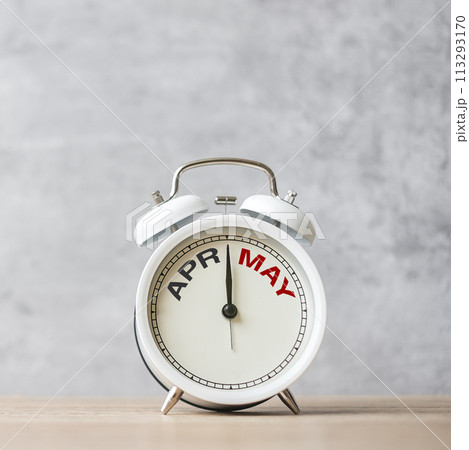 Hello May Changed from April month with vintage alarm clock on table background. Calendar, Monthly, New Start, Resolution, Goals, Plan, Action and Mission Concept Hello May Changed from April month with vintage alarm clock on table background. Calendar, Monthly, New Start, Resolution, Goals, Plan, Action and Mission Concept 113293170