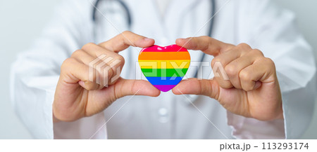 LGBT pride month or LGBTQ+ or LGBTQIA+ and health concept. Doctor with rainbow and colorful heart shape with for Lesbian, Gay, Bisexual, Transgender, Queer and Pansexual community 113293174