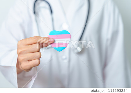 Transgender Day and LGBT pride month,  LGBTQ+ or LGBTQIA+ concept. Doctor holding blue, pink and white heart shape for Lesbian, Gay, Bisexual, Transgender, Queer and Pansexual community 113293224