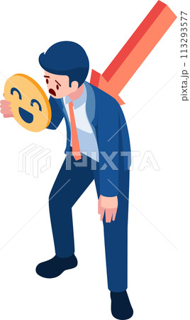 Isometric Businessman Hide His Depression Behind Happy Mask Isometric Businessman Hide His Depression Behind Happy Mask 113293577