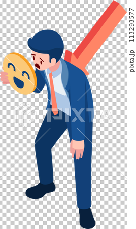 Isometric Businessman Hide His Depression Behind Happy Mask Isometric Businessman Hide His Depression Behind Happy Mask 113293577