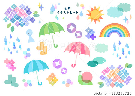 梅雨のカラフルな傘と雨のセット 梅雨のカラフルな傘と雨のセット 113293720