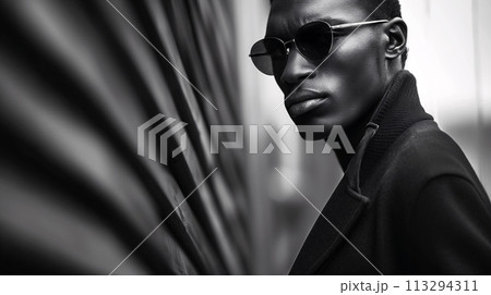 Stylish black Man in Sunglasses Posing by a Wall in Monochrome 113294311
