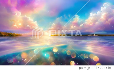 夕焼けに染まる水面と雲と水面に反射する雲 夕焼けに染まる水面と雲と水面に反射する雲 113294316