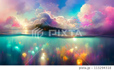 水面に反射する夕焼け雲と水面 113294318