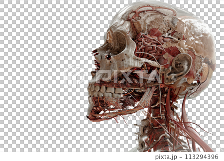 Human Skull Anatomy Illustration. Detailed 3D Rendering of Head with Transparent Muscles and Vascular System. 113294396
