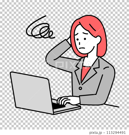 一位在筆記型電腦上工作的女士看起來很困擾 113294491