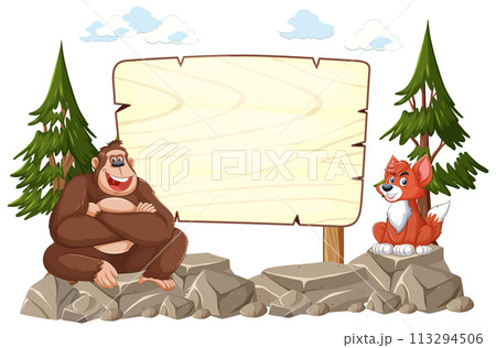 Forest Friends with Blank Signboard 113294506