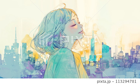 高い所から都会を眺める微笑んだ女性 高い所から都会を眺める微笑んだ女性 113294781