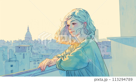 高い所から都会を眺める微笑んだ女性 113294789