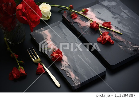 Table setting, harmonious combination of ornaments, dining for various events, wedding invitations, banquet christening, birthday parties. banner, copy space, background, text 113294887