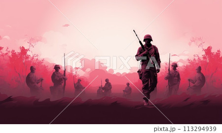 Veterans Day. a U.S. national holiday, Memorial Day and Armistice Day. Pride and patriotism, soldier, for banner and text. American flag, retired soldier . 113294939