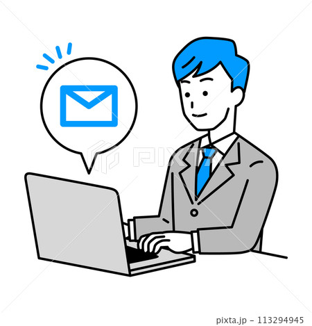メールを着信するノートパソコンで仕事をする男性 113294945