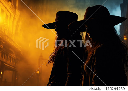 Wild West girls, westerns, outlaws and bandits, sheriffs, robbers and lawmen, stylization and glamour, authenticity of Texas fierce look of self-confidence . 113294980