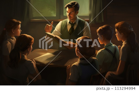 World Teachers Day School years, congratulations for teacher, back to skolu, teacher and students, blackboard chalk pencils textbook copy space background text 113294994