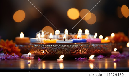 Happy Diwali, Indian festival of lights Diwali symbolizes the victory of light over darkness, of good over evil and knowledge over ignorance. banner, copy space, background, text. Happy Diwali, Indian festival of lights Diwali symbolizes the victory of light over darkness, of good over evil and knowledge over ignorance. banner, copy space, background, text. 113295294