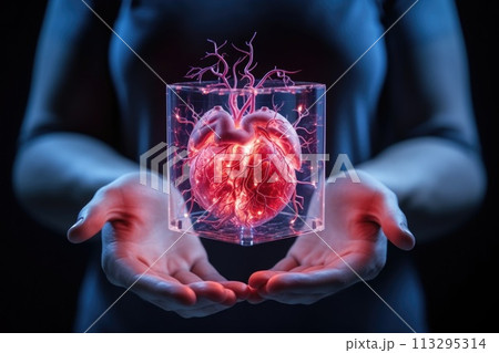 Futuristic medicine surgery treatment scientific technology, hologram, dna screen virtual reality highly scientific achievement, technological digital holographic plate represented body, heart lungs, 113295314