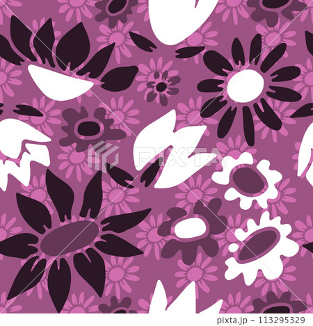Seamless pattern with abstract retro wild flower blooms on purple background Seamless pattern with abstract retro wild flower blooms on purple background 113295329