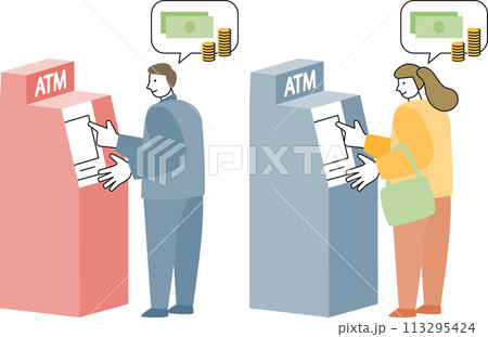 ATMを操作する女性と男性のセット 113295424