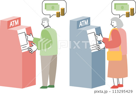 ATMを操作するシニア女性とシニア男性のセット ATMを操作するシニア女性とシニア男性のセット 113295429
