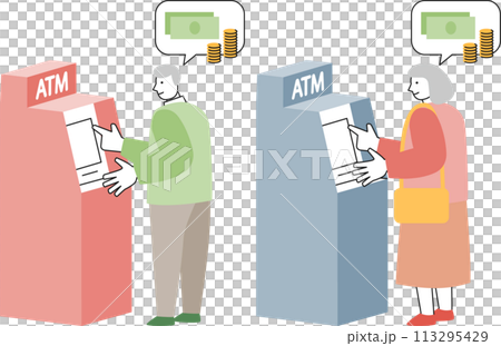 ATMを操作するシニア女性とシニア男性のセット ATMを操作するシニア女性とシニア男性のセット 113295429