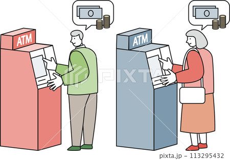 ATMを操作するシニア女性とシニア男性のセット 113295432