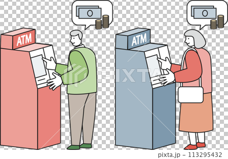ATMを操作するシニア女性とシニア男性のセット 113295432