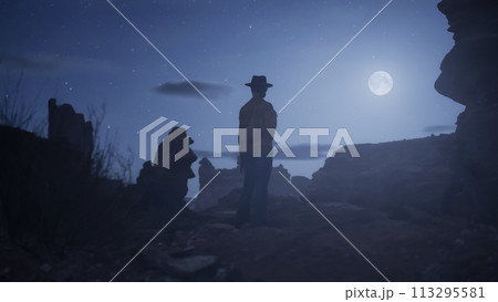 Cowgirl standing in Rocky Desert with Rock Formations. Sandstone. Night with stars and moonlight 113295581