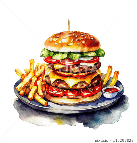 チーズハンバーガーとフライドポテトのイラスト 白背景の切り抜き チーズハンバーガーとフライドポテトのイラスト 白背景の切り抜き 113295828