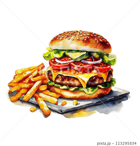 チーズハンバーガーとフライドポテトのイラスト 白背景の切り抜きの