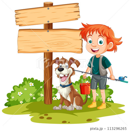 Happy Child and Dog by Wooden Sign 113296265